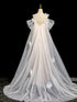 Ivory Tulle with Flowers Scoop Long Wedding Party Dress, Ivory Tulle Long Formal Gown